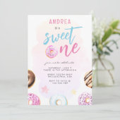 Invitation Donut Sweet One Rose and Blue Girl Premier anniver (Debout devant)