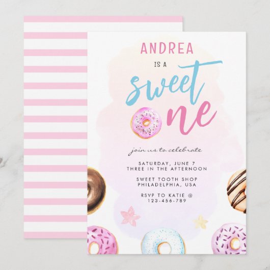 Invitation Donut Sweet One Rose and Blue Girl Premier anniver (Devant / Derrière)