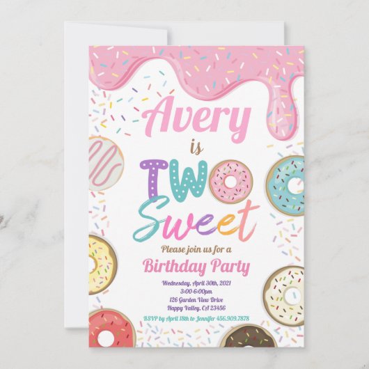 Invitation Donut Two Sweet 2e Anniversaire fête Pink Pastel (Devant)