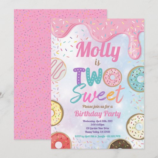 Invitation Donut Two Sweet 2e fête d'anniversaire Pink Pastel (Devant / Derrière)