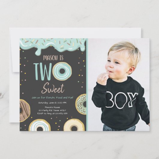 Invitation Donut Two Sweet Blue Pastel Second Birthday Party (Devant)