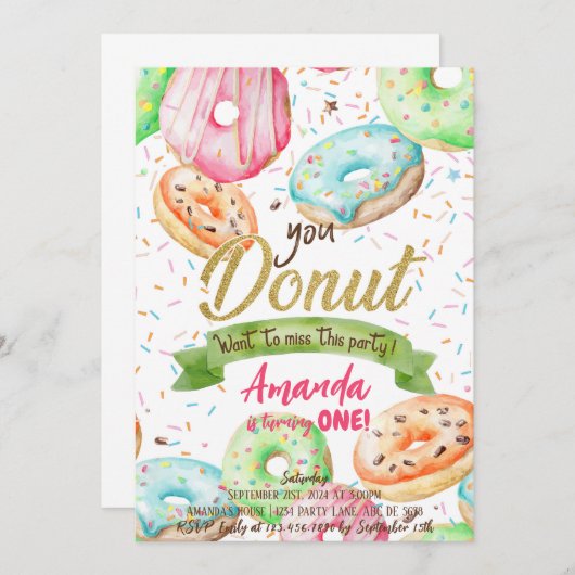 Invitation Donut veut Mlle Doughnut Anniversaire (Devant / Derrière)