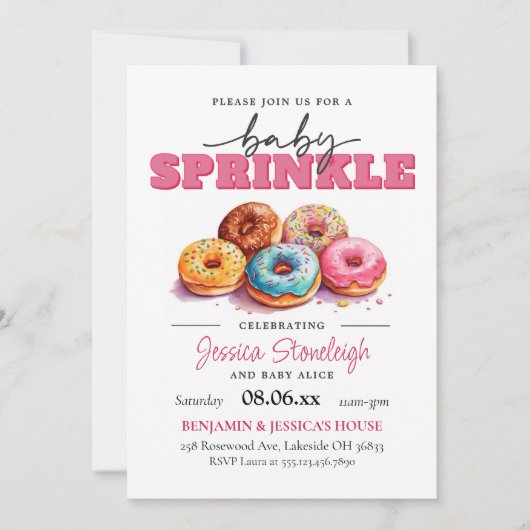 Invitation Donuts Bébé Paillettes Rose Bébé Fille (Devant)