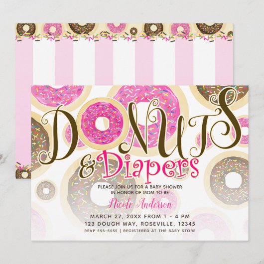 Invitation Donuts & Diapers Pink Sprinkles Baby Shower (Devant / Derrière)