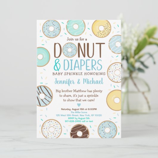 Invitation Donuts & Diapeurs Bleu Donut Bébé Saupoudrer (Debout devant)