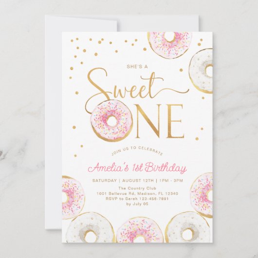 Invitation Donuts d'or rose doux un 1er anniversaire (Devant)