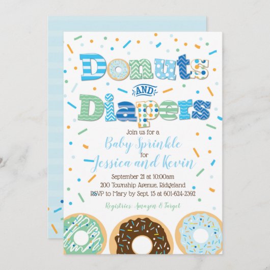 Invitation Donuts et Diapeurs Bébé Garçon Sprinke ou douche (Devant / Derrière)