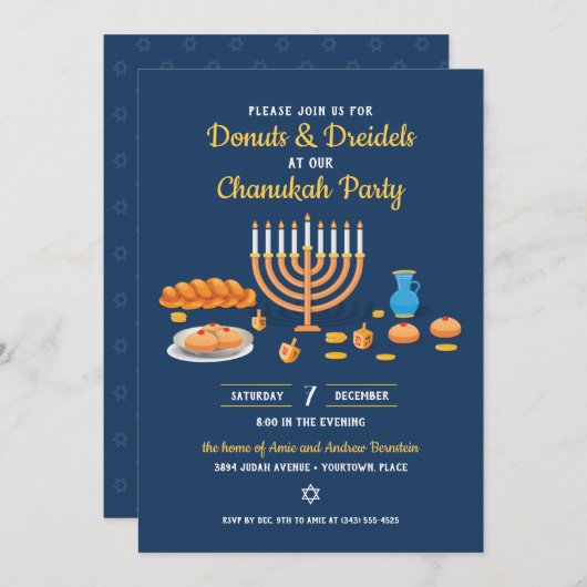Invitation Donuts et Dreidels Hanoukka (Devant / Derrière)