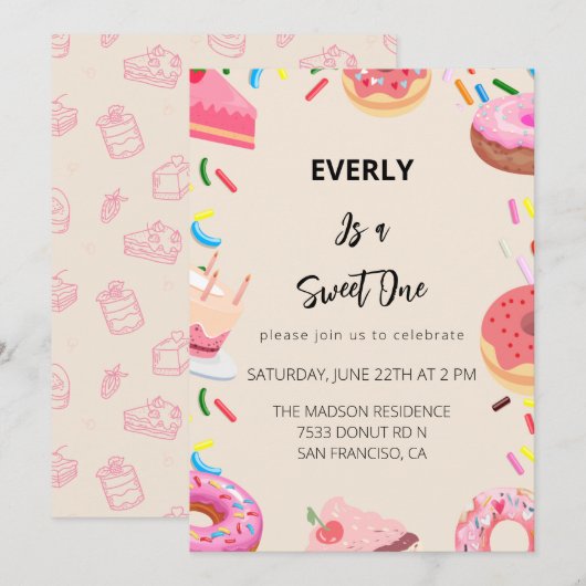 Invitation Donuts Première fête d'anniversaire (Devant / Derrière)