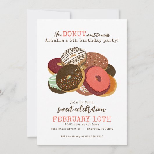 Invitation Donuts roses fête d'anniversaire (Devant)