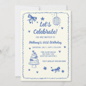 Invitation Doodé à la main Blue Bow Disco Ball Anniversaire (Devant)