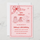 Invitation Doodé à la main rose rouge Coquette Bow Anniversai (Devant)