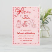 Invitation Doodé à la main rose rouge Coquette Bow Anniversai (Debout devant)