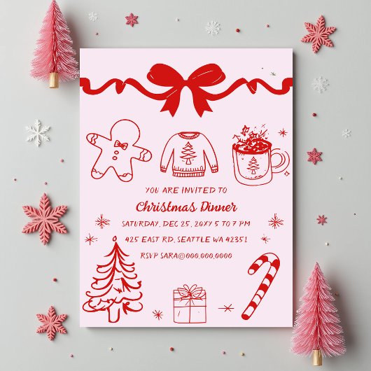 Invitation Doodé à la main rose rouge fête de Noël