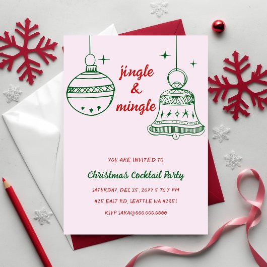 Invitation Doodé à la main rouge vert Noël fête