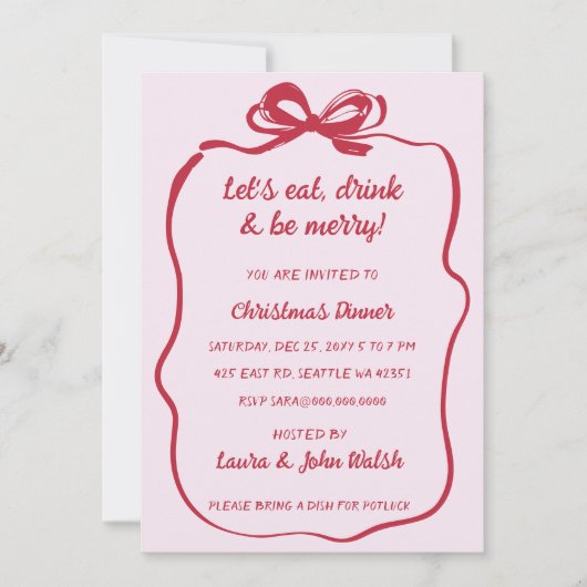 Invitation Doodé main dessiné rose Bow Noël (Devant)