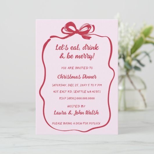 Invitation Doodé main dessiné rose Bow Noël (Debout devant)