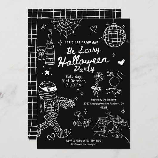 Invitation Doodle à main noire et blanche Fête d'Halloween (Devant / Derrière)