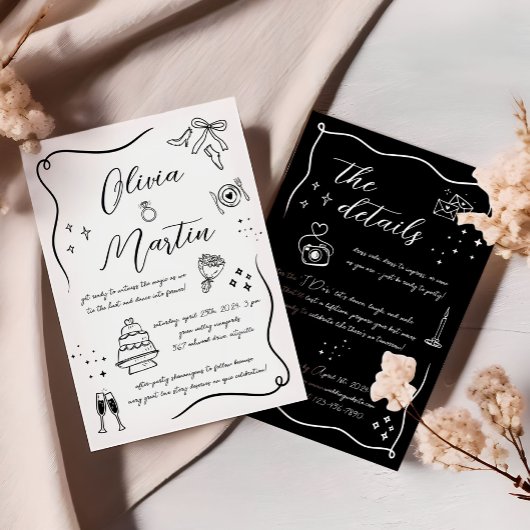 Invitation Doodle amusant à main Mariage noir et blanc