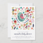 Invitation Doodle Bird Spring Baby Girl Baby shower (Devant)