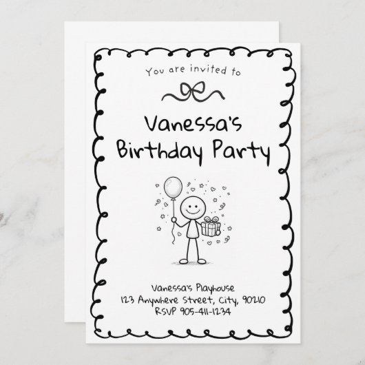 Invitation Doodle Birthday Invitation- Stick Figure Invite (Devant / Derrière)