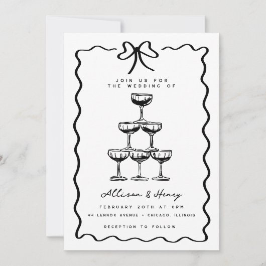 Invitation Doodle Champagne Tower Mariage Whimsical Bow (Devant)