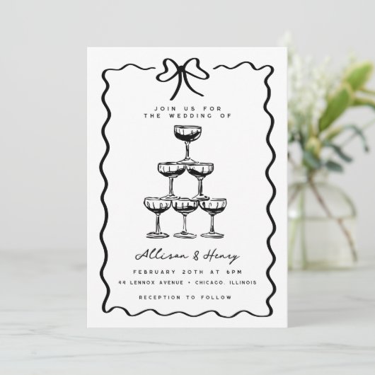 Invitation Doodle Champagne Tower Mariage Whimsical Bow (Debout devant)