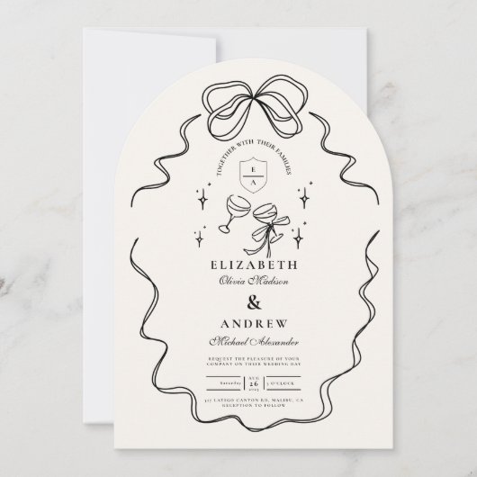 Invitation Doodle Champagne Whimsical Bow Mariage (Devant)