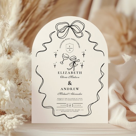 Invitation Doodle Champagne Whimsical Bow Mariage