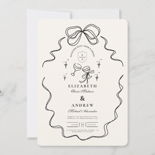 Invitation Doodle Champagne Whimsical Bow Mariage (Devant)