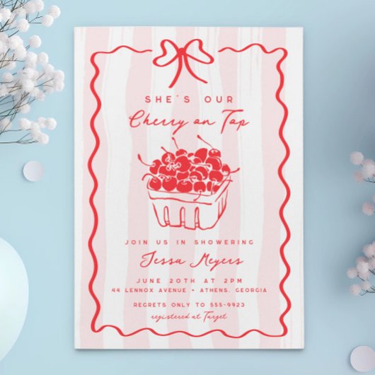 Invitation Doodle Cherry sur le dessus Pink Bow Baby Girl Dou