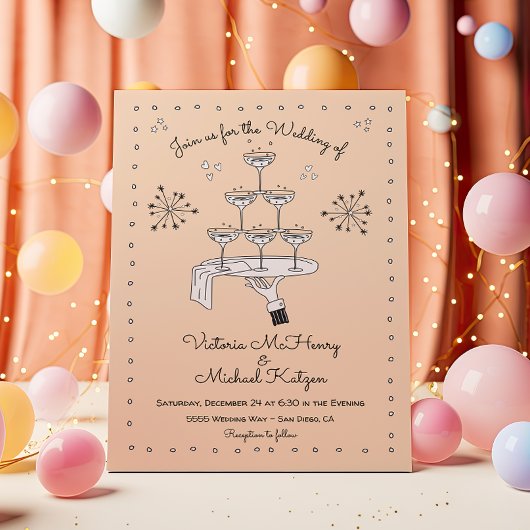 Invitation Doodle croquis Funky Champagne Mariage