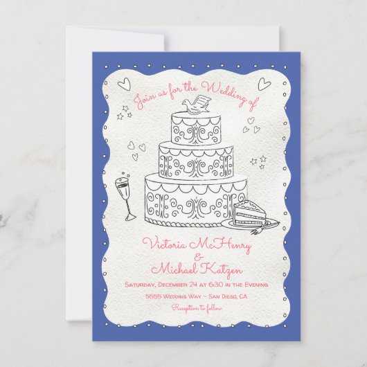 Invitation Doodle croquis Funky Wavy Edge Mariage gâteau (Devant)