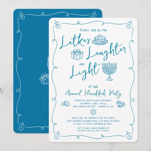Invitation Doodle de joie de Latke de Hanukkah Lumière Fantai (Devant / Derrière)