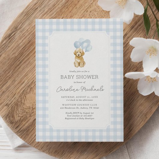 Invitation Doodle doré En vichy Baby shower bleu