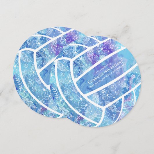 Invitation Doodle fleurs plumes de volley bleu fête (Devant / Derrière)