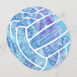 Invitation Doodle fleurs plumes de volley bleu fête