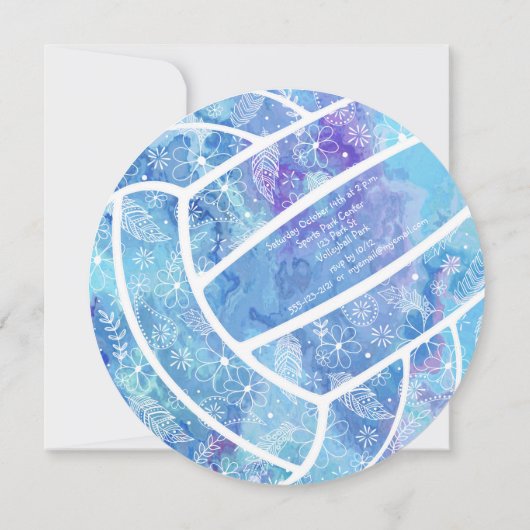 Invitation Doodle fleurs plumes motif bleu volleyball (Dos)