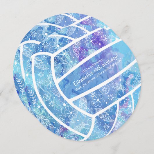 Invitation Doodle fleurs plumes motif bleu volleyball (Devant / Derrière)