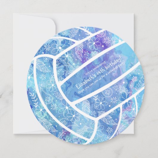 Invitation Doodle fleurs plumes motif bleu volleyball (Devant)