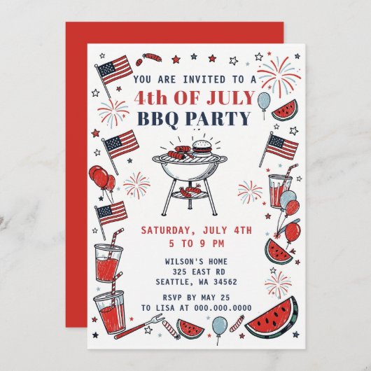 Invitation Doodle Hand Drawn July 4th BBQ Holiday Party  (Devant / Derrière)