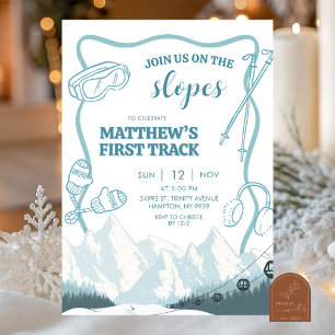 Invitation Doodle Hiver Bleu pastel Ski 1er anniversaire