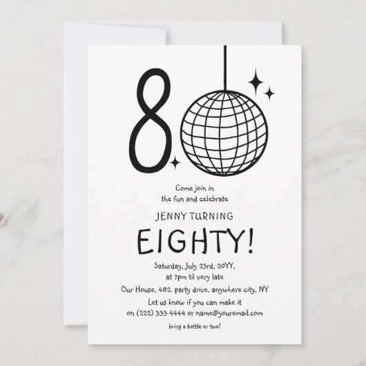 Invitation Doodle minimal 80e Disco Ball Anniversaire (Devant)