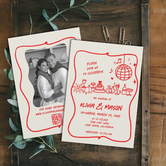 Invitation Doodle moderne Doodle Rouge Ecru Mariage