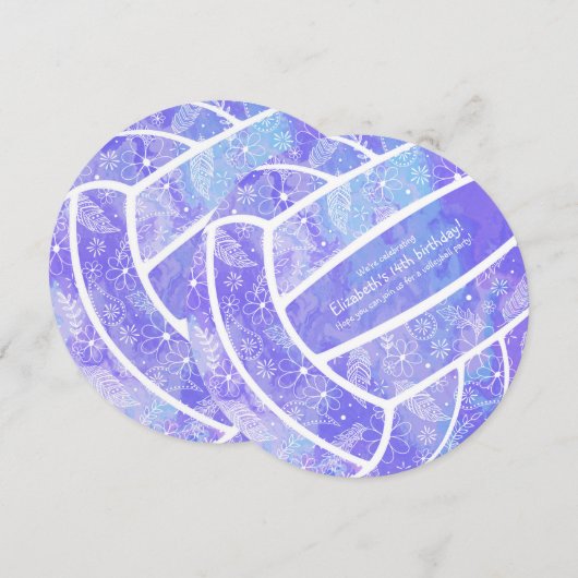 Invitation Doodle motif floral violet volleyball (Devant / Derrière)