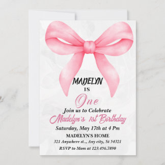 Invitation Doodle Pink Bow Baby Girl 1er anniversaire