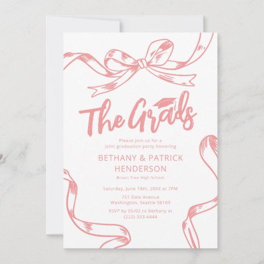 Invitation Doodle Pink Bow Joint Graduation Party (Devant)