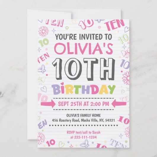 Invitation Doodle rose fille 10e anniversaire (Devant)