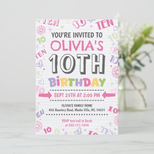 Invitation Doodle rose fille 10e anniversaire (Debout devant)