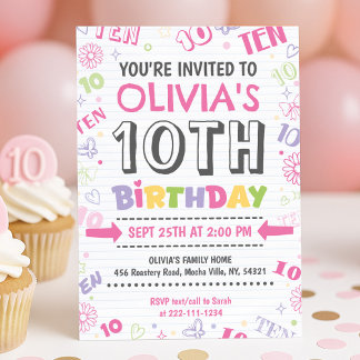 Invitation Doodle rose fille 10e anniversaire